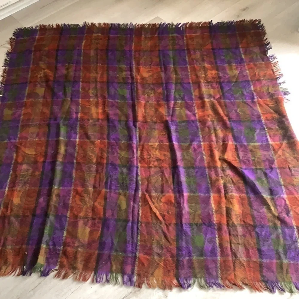 Authentic FENDI scarf wrap blanket fringe‎ plaid logo oversized luxury purple